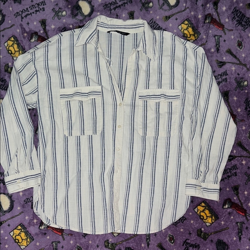 ZARA Striped Cream and Blue Shirt size Medium 100% Cotton
